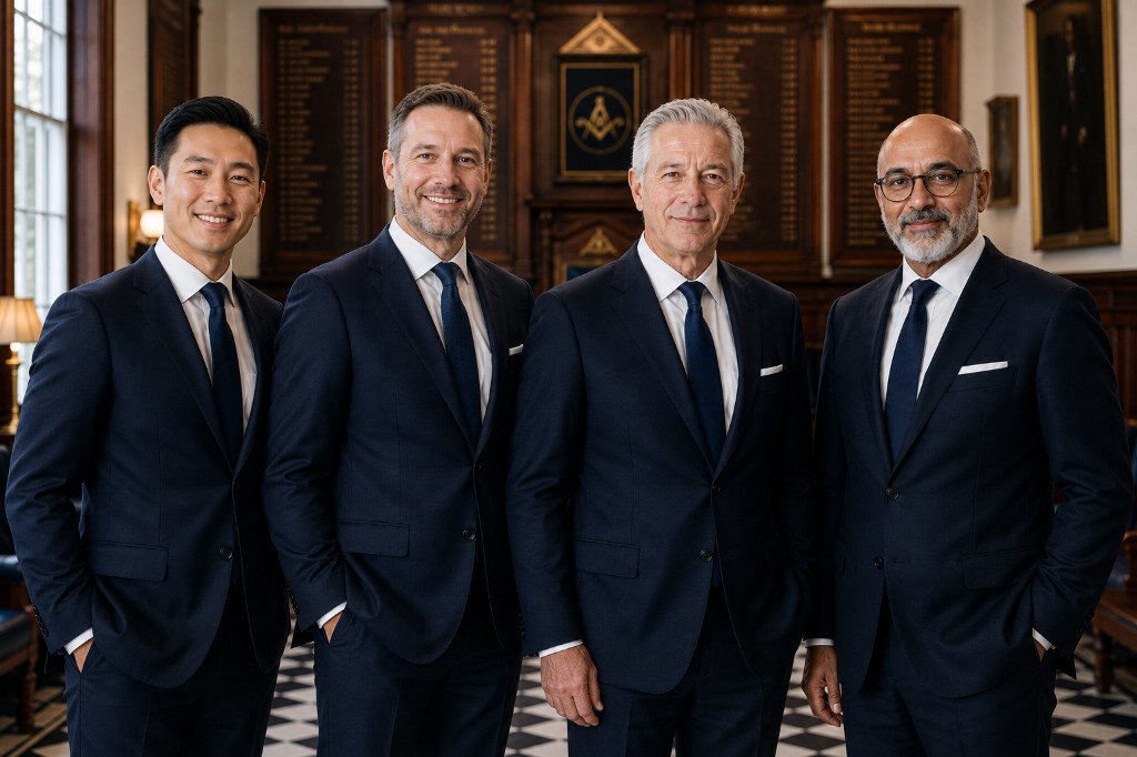 Four lodge leaders in formal attire in a wood-paneled temple room